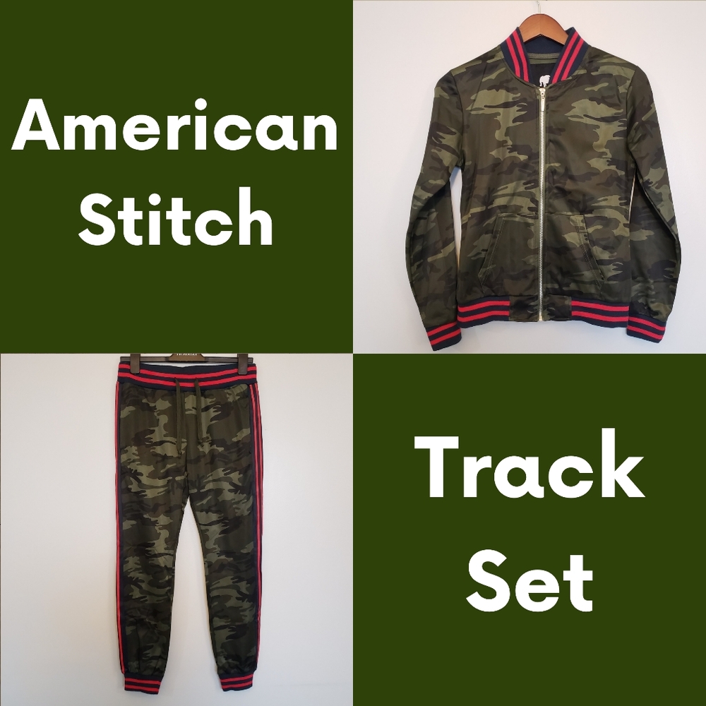 ⭐American Stitch 2 Piece Camo Green & Coral Stripe Zip Up Track Suit Size Small